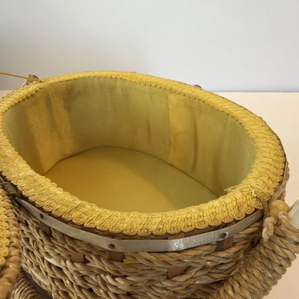 Dritz Sewing Basket Oval Woven Wicker Scovill Yellow Interior w Handle Vintage
